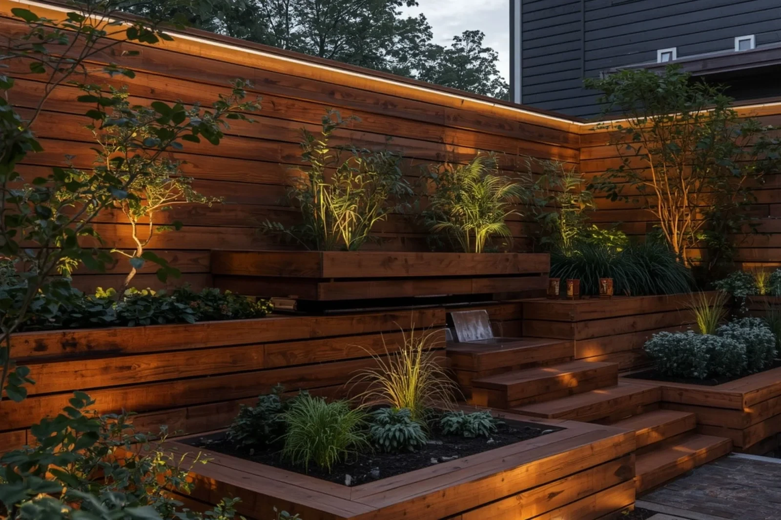 Tiered timber retaining wall with integrated planting and steps